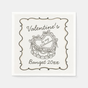 Beige Bow Retro Heart Coquette Cake Valentines Napkin