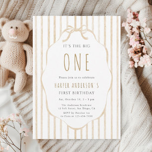 Beige Bow & Stripes First Birthday Party Invitation