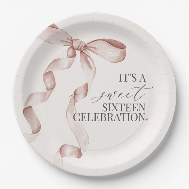 Beige Bow Sweet Sixteen Birthday Party Decor Paper Plate (Front)