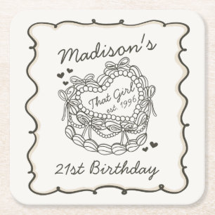 Beige Bow That Girl Heart Coquette Cake Birthday Square Paper Coaster