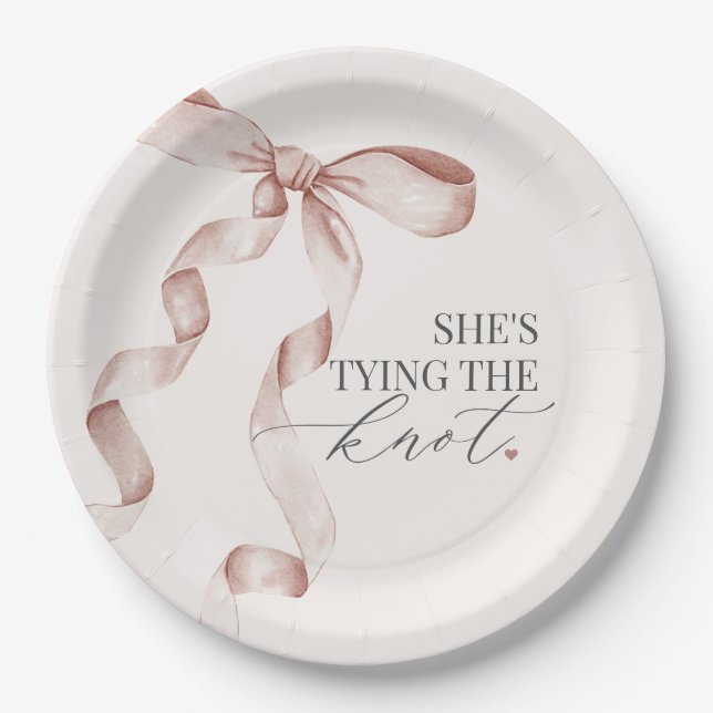 Beige Bow Tying the Knot Bridal Shower Decor Paper Plate (Front)