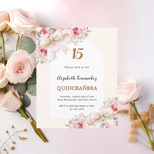Beige bows pink floral arch Quinceanera invitation (Creator Uploaded)