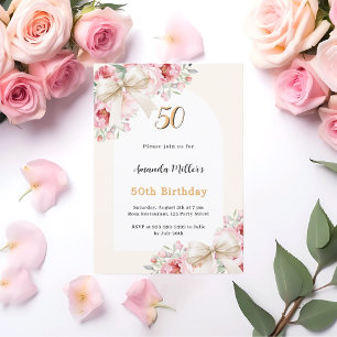 Beige bows pink florals arch birthday invitation