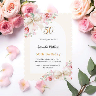Beige bows pink florals arch birthday scalloped invitation