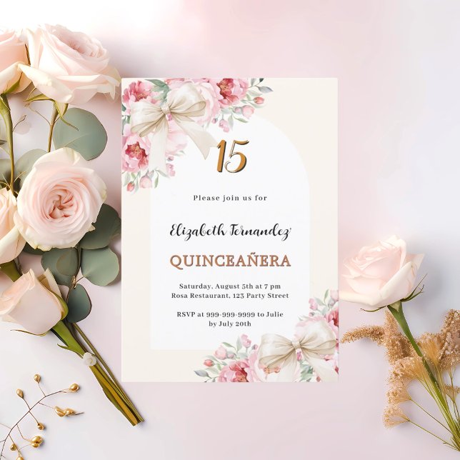Beige bows pink florals arch luxury Quinceanera  Invitation (Creator Uploaded)