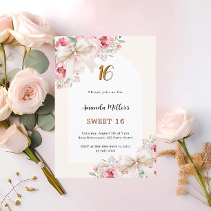 Beige bows pink florals arch luxury Sweet 16 Invitation