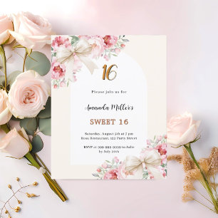 Beige bows pink florals arch Sweet 16 invitation