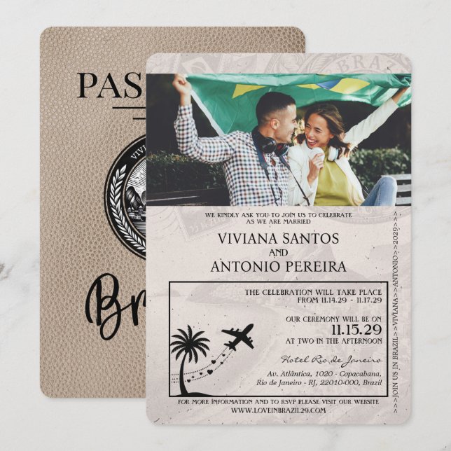 Beige Brazil Passport Wedding Invitation (Front/Back)