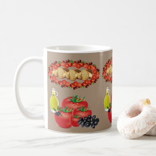 Beige Bread, Olive Oil, Olives, Tomato Mug (With Donut)
