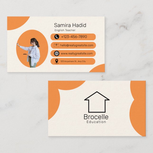 Beige Bright Orange English Teacher  Business Card (Front/Back)