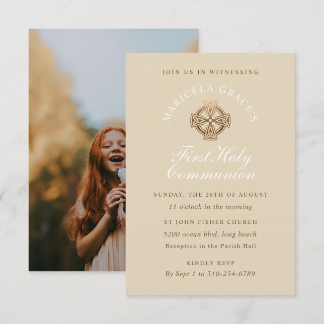 Beige Bronze First Communion Invitation (Front/Back)