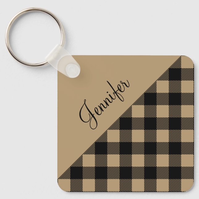 Beige Brown Buffalo Plaid Check Pattern Name Key Ring (Front)