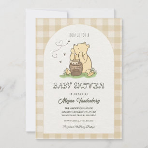 Beige Brown Checked Teddy Bear Baby Shower Invitation