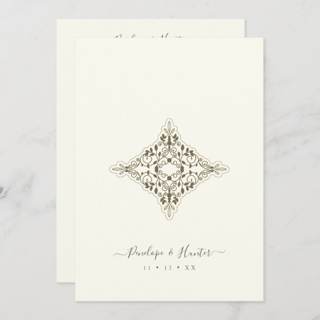 Beige Brown Chic Lace Romantic Couple Wedding Invitation (Front/Back)