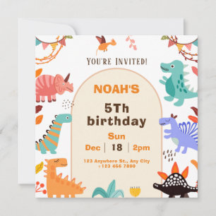 Beige Brown Cute Dinosaur Birthday Invitation Card