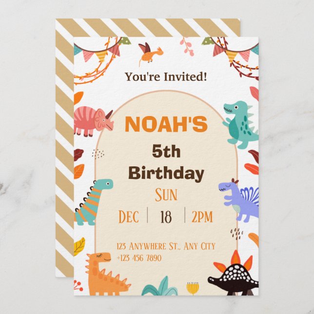 Beige Brown Cute Dinosaur Birthday Invitation card (Front/Back)
