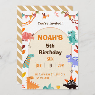 Beige Brown Cute Dinosaur Birthday Invitation card