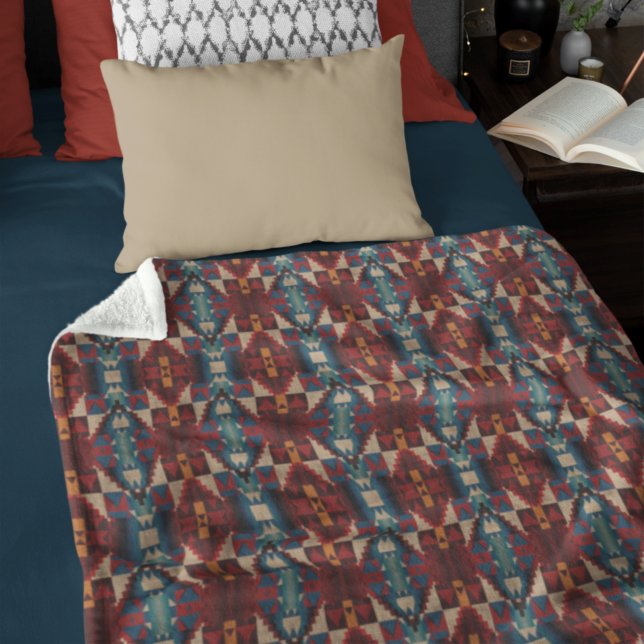 Beige Brown Dark Red Teal Blue Tribal Art Pattern Fleece Blanket (Creator Uploaded)