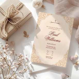 Beige Brown Decorative Christian Baptism Invitation