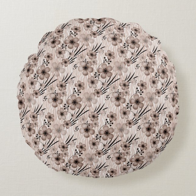 Beige brown flowers pattern on tiger background re round cushion (Front)