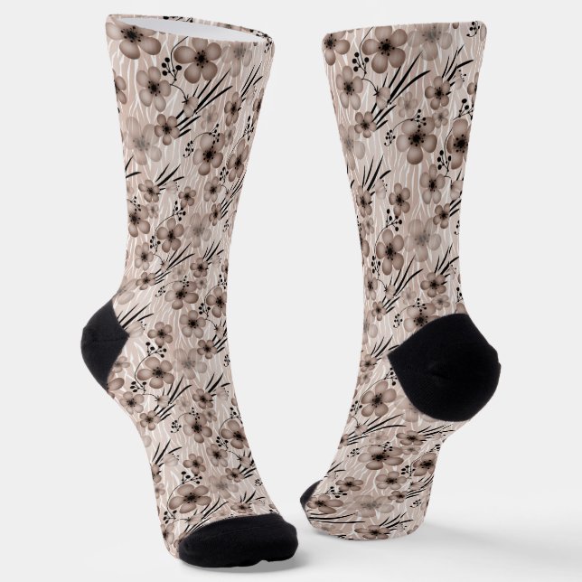 Beige brown flowers pattern on tiger background re socks (Angled)