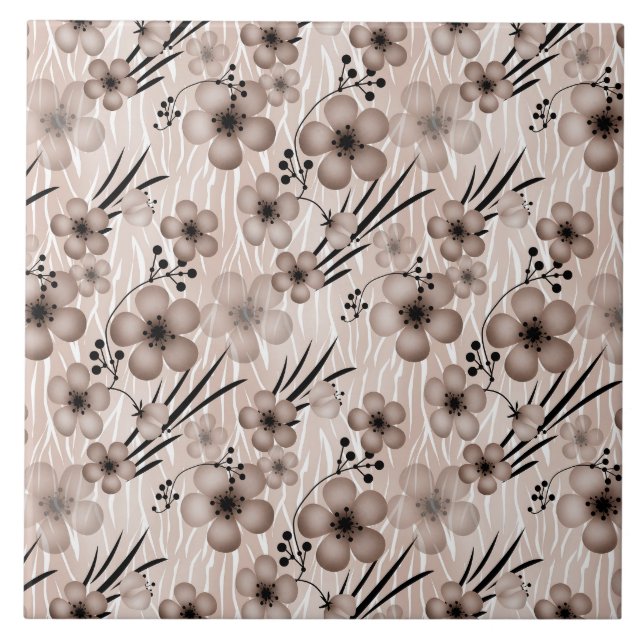 Beige brown flowers pattern on tiger background re tile (Front)