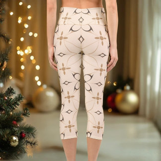 Beige & Brown Geometric Floral Elegant Minimal Capri Leggings