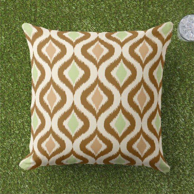 Beige Brown Green Retro Chic Ikat Drops Pattern Cushion (Grass)