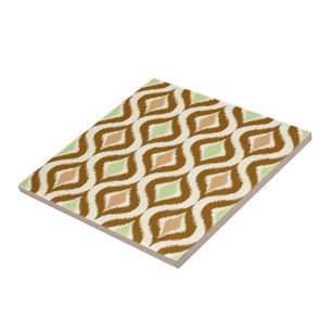 Beige Brown Green Retro Chic Ikat Drops Pattern Tile