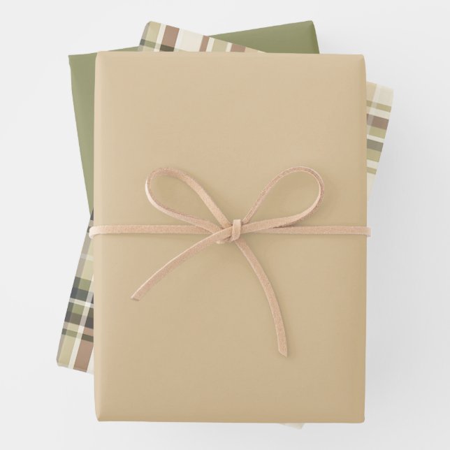 Beige Brown Green Tartan Plaid Gift for Him Wrapping Paper Sheet (In situ)