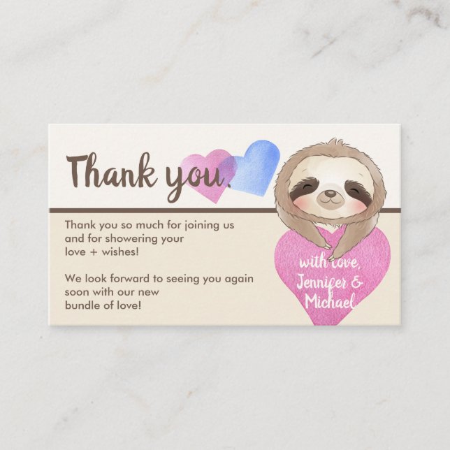 Beige Brown Heart Cute Baby Sloth Thank You Enclosure Card (Front)