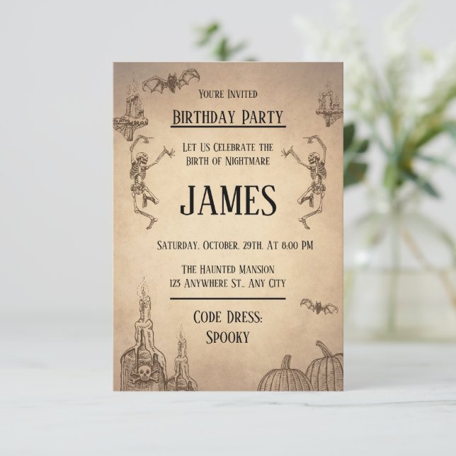 Beige Brown Illustration Halloween Birthday Invitation (Standing Front)