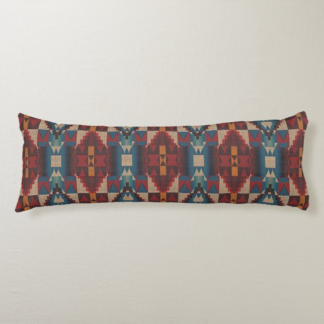 Beige Brown Maroon Red Dark Teal Blue Tribal Art Body Cushion (Front)