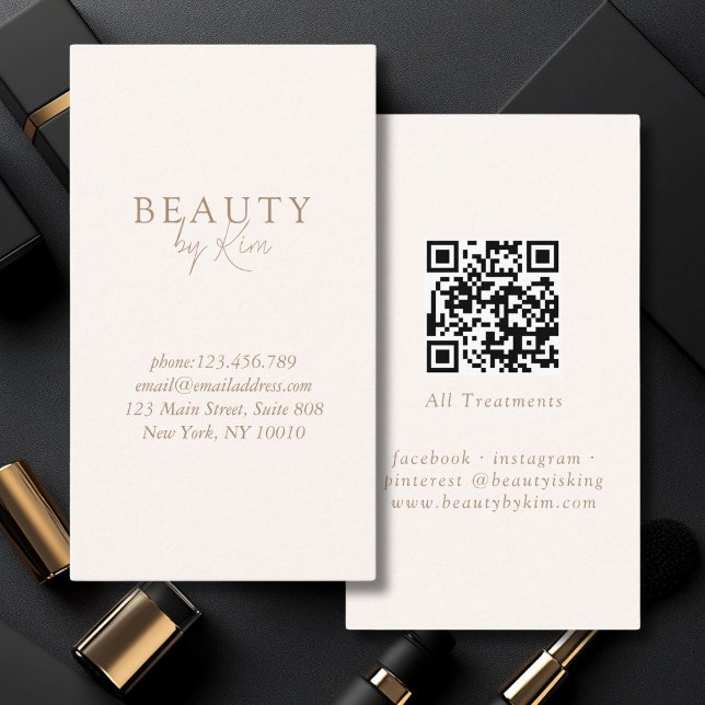Beige & Brown  Minimal Elegant, Salon QR Code Business Card (Beige & Brown Minimal Elegant, Salon QR Code Business Card)