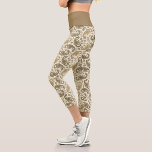Beige-Brown Paisley Pattern High Waisted Capris