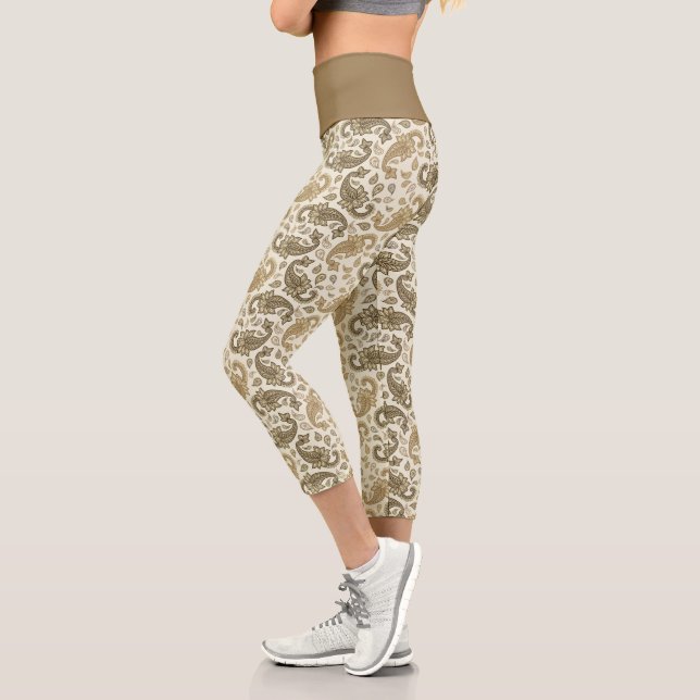 Beige-Brown Paisley Pattern High Waisted Capris (Left)