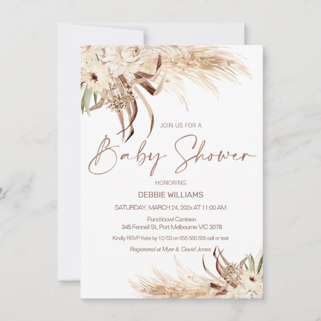 Beige Brown Pampas Grass Bridal Shower Invitation (Front)