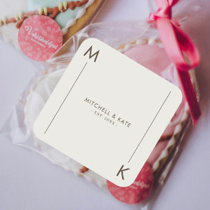 Beige Brown Simple Line Monogram Wedding Square Sticker