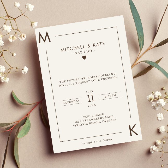 Beige Brown Simple Monogram Border Wedding Invitation (Beige Brown Simple Monogram Wedding Invitation)