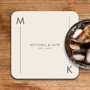 Beige Brown Simple Monogram Wedding Square Paper Coaster
