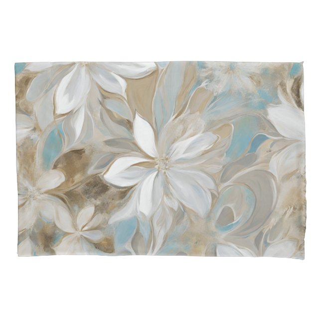Beige Brown Teal Blue Floral Pillowcase (Front)