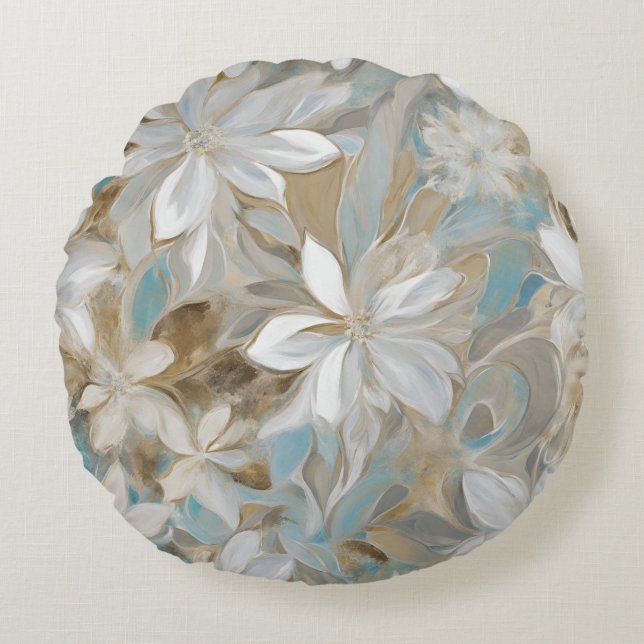 Beige Brown Teal Blue Floral Round Cushion (Front)