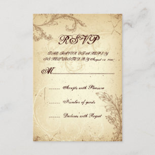 Beige, brown vintage scroll leaf wedding RSVP Card