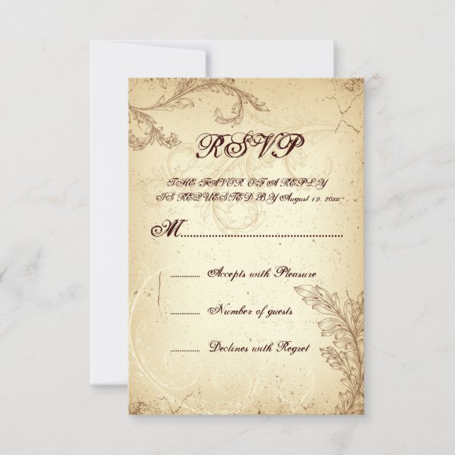 Beige, brown vintage scroll leaf wedding RSVP Card (Front)