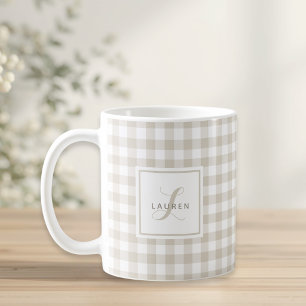 Beige Buffalo Check Custom Initial Name Gift Coffee Mug