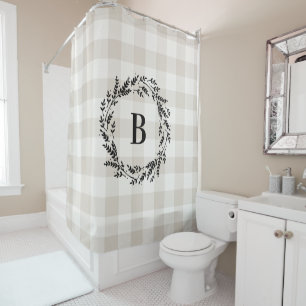 Beige Buffalo Check Monogram   Farmhouse Bathroom Shower Curtain