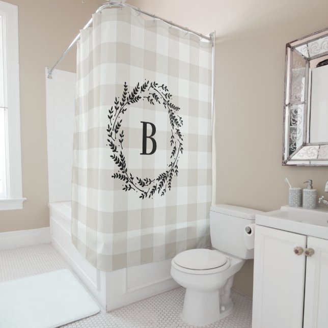 Beige Buffalo Check Monogram | Farmhouse Bathroom Shower Curtain (In Situ)