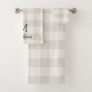 Beige Buffalo Check Monogram   Modern Farmhouse Bath Towel Set