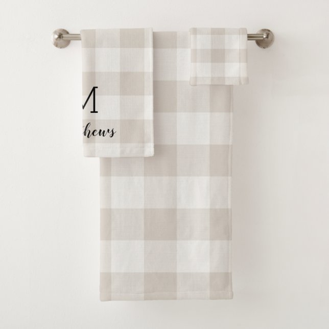 Beige Buffalo Check Monogram | Modern Farmhouse Bath Towel Set (Insitu)