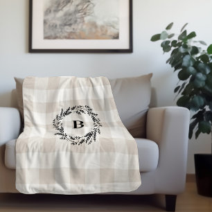 Beige Buffalo Check Monogram Modern Farmhouse Sherpa Blanket